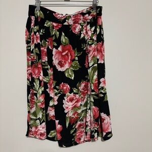 Forever 21 Black Floral Midi Skirt with Front Slit | Womens Sz L